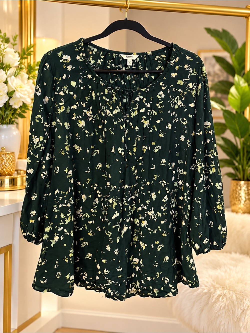 Apt. 9 Dark Green Floral Peasant Blouse